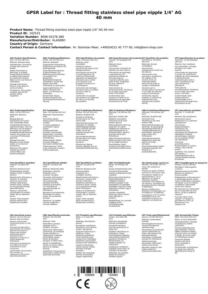 Závitová tvarovka z nehrdzavejúcej ocele rúrkový nástavec 1/4" AG 40 mm-0