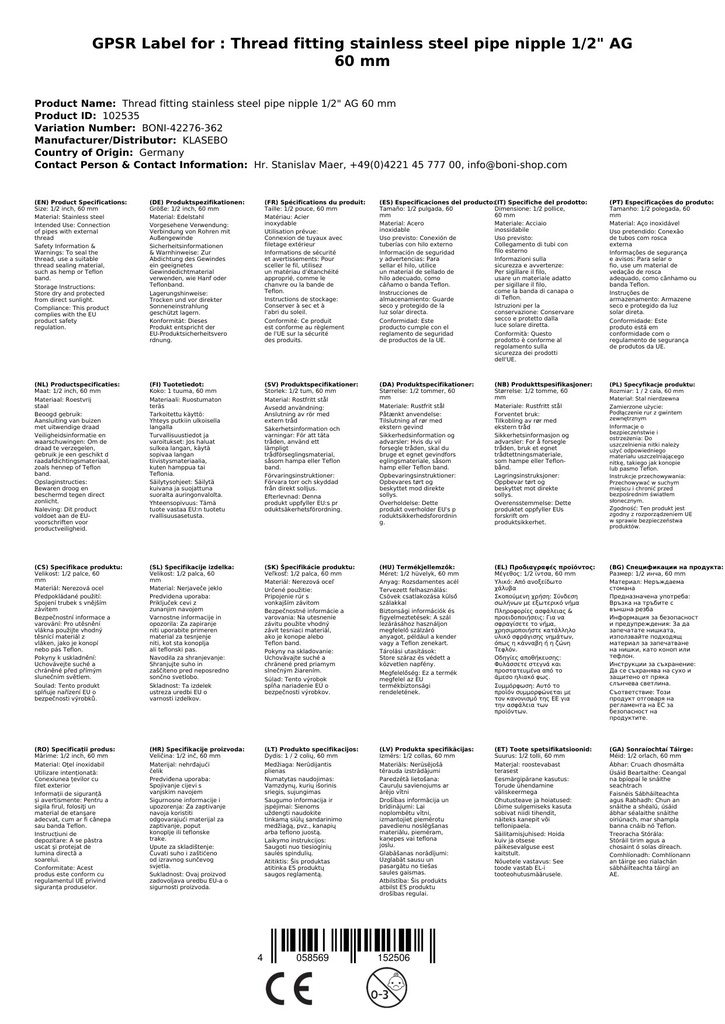 Závitová tvarovka z nehrdzavejúcej ocele rúrkový nipl 1/2" AG 60 mm-0