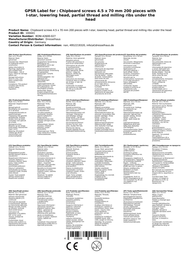 Drevotrieskové skrutky 4,5 x 70 mm 200 kusov s I-hviezdou, zapustenou hlavou, čiastočným závitom a frézovacími rebrami pod hlavou-2