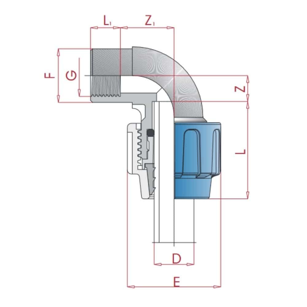 PP PE rúrková spojka 90° uhol 20 x 1/2" IG-0