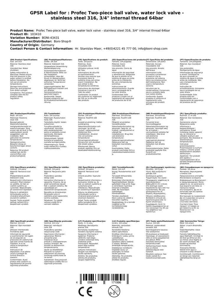 Profec Dvojdielny guľový ventil, vodný uzatvárací ventil - Nehrdzavejúca oceľ 316, 3/4" vnútorný závit 64bar-0