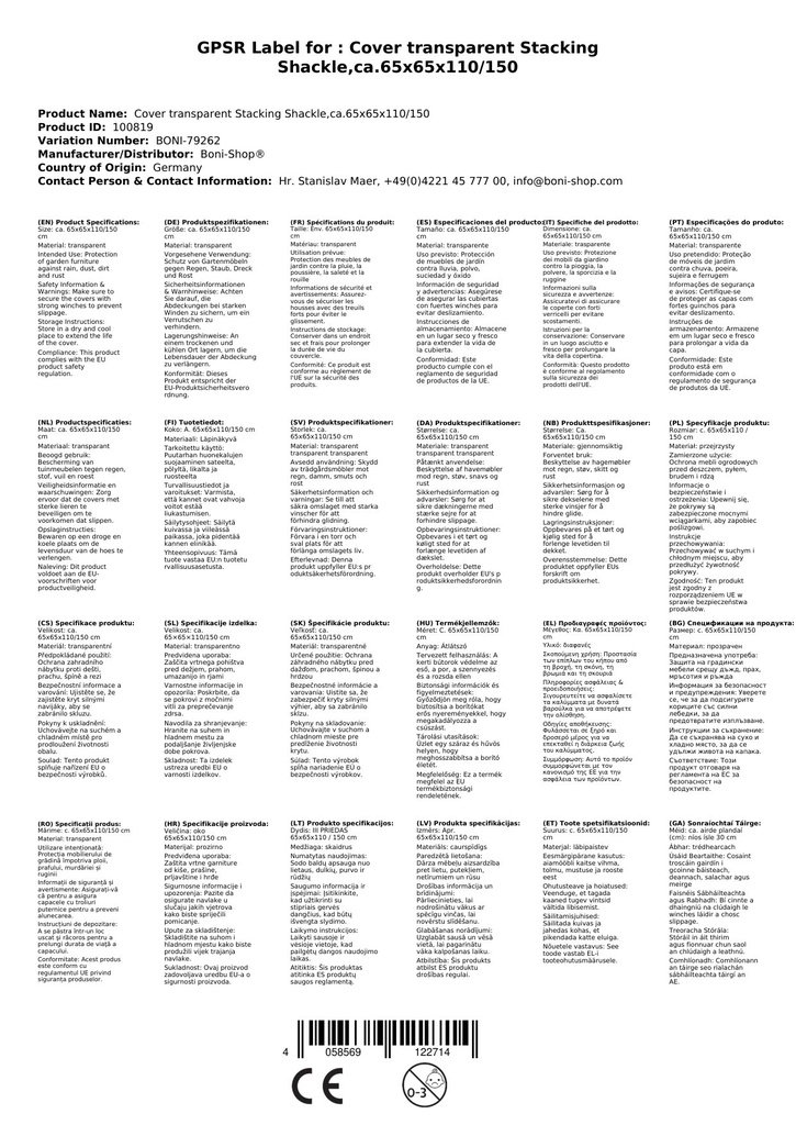 Ochranný obal transparentný stohovateľná stolička, cca 65x65x110/150-1