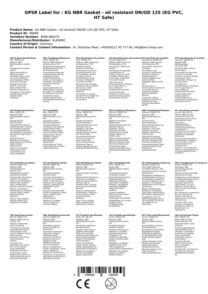 KG NBR tesnenie - odolné voči oleju DN/OD 125 (KG PVC, HT Safe)-2