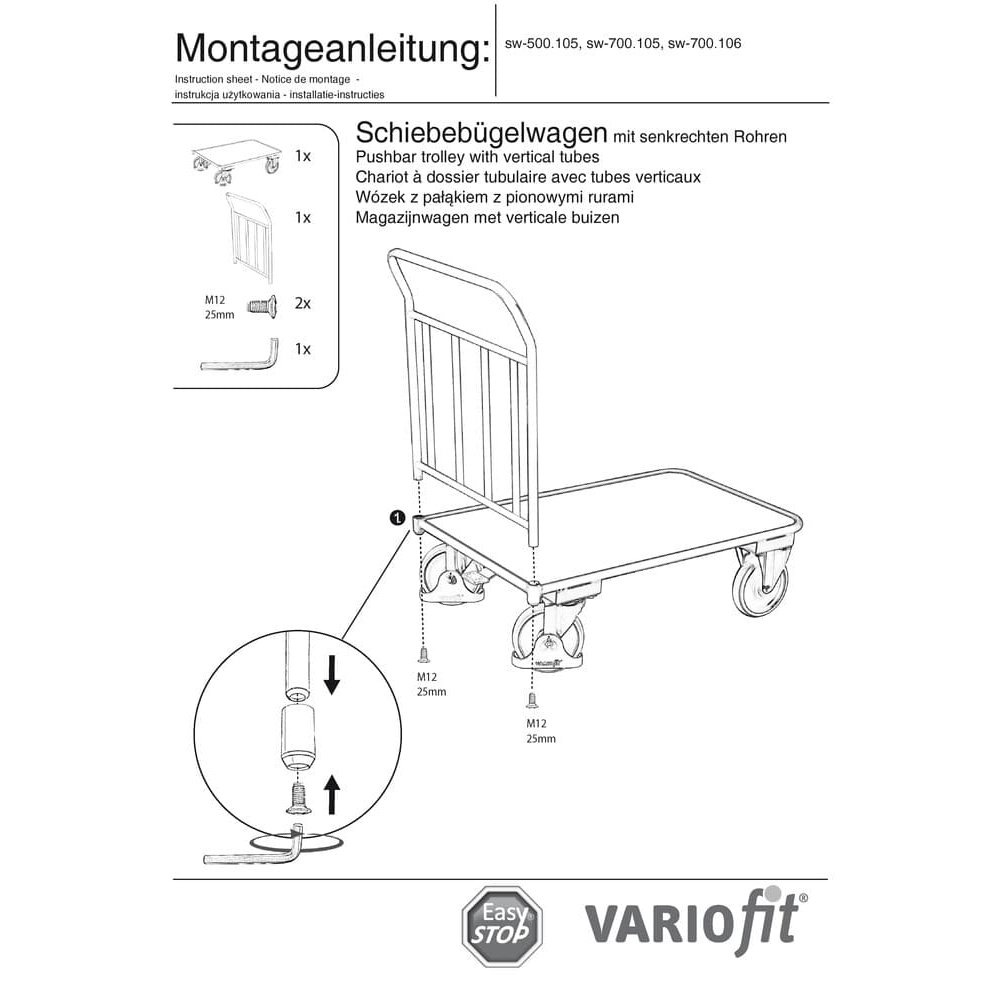 Vozík s rukoväťou 400 kg 4 zvislé rúry Typ S + EasySTOP-0