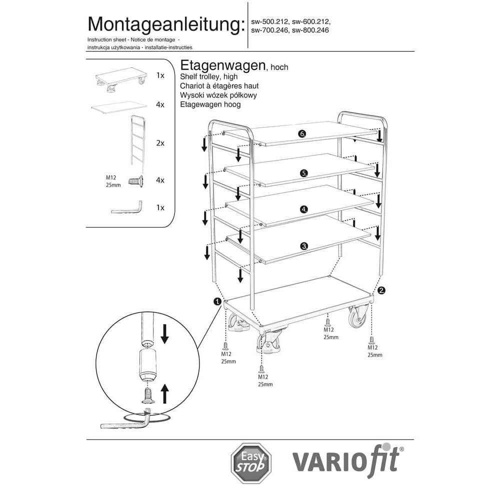 Vozík vysoký s 5 policami 250 kg nosnosť Typ S + EasySTOP-0