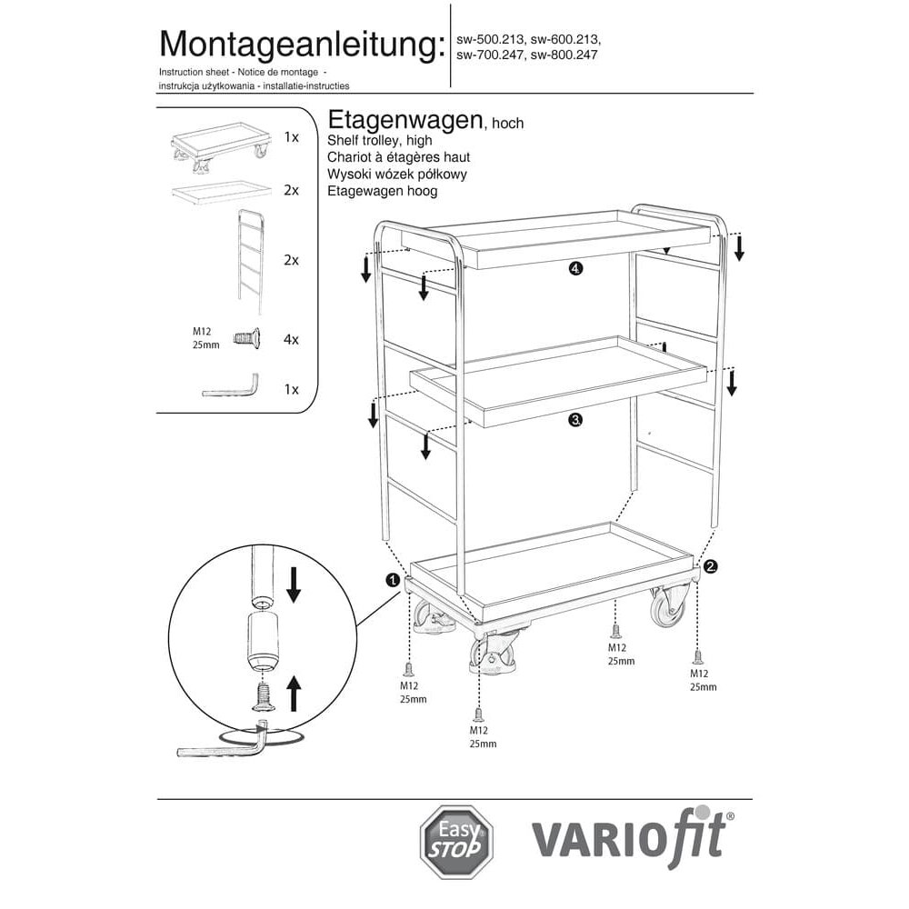 Vysoký regálový vozík s 3 táckami 250 kg nosnosť Typ S + EasySTOP-1