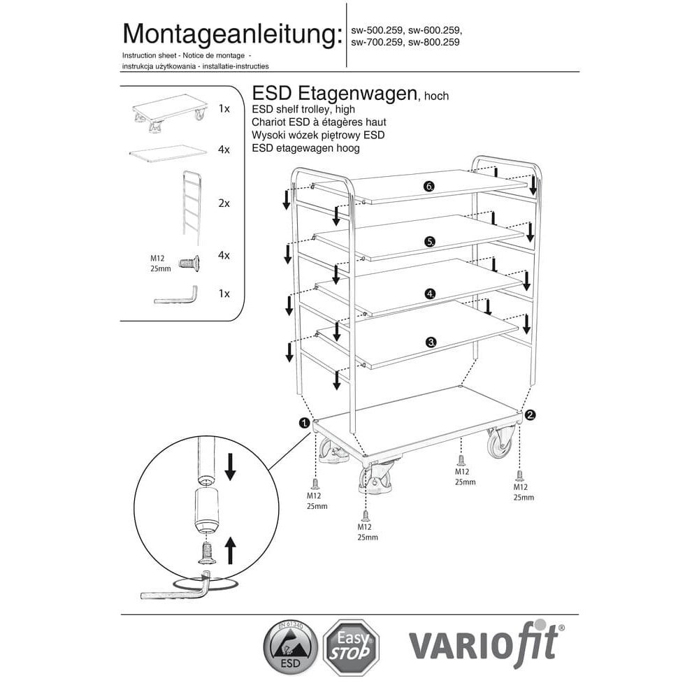 Vysoký ESD regálový vozík s 5 policami Typ S + EasySTOP-0