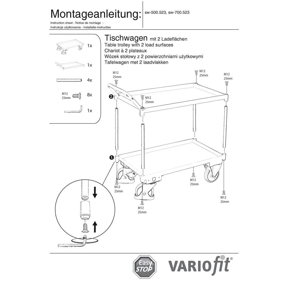 Stolový vozík s 2 poschodiami, okraj vaničky 40 mm vysoký, vysoké rukoväte + EasySTOP-0