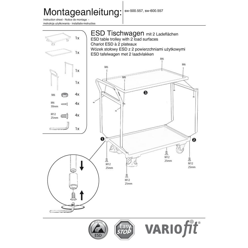 ESD stolový vozík s 2 nakladacími plochami Typ M + EasySTOP-0