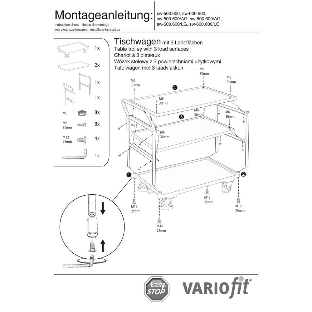 Vozík 250 kg s 3 úložnými plochami vysoká rukoväť Typ M + EasySTOP-0