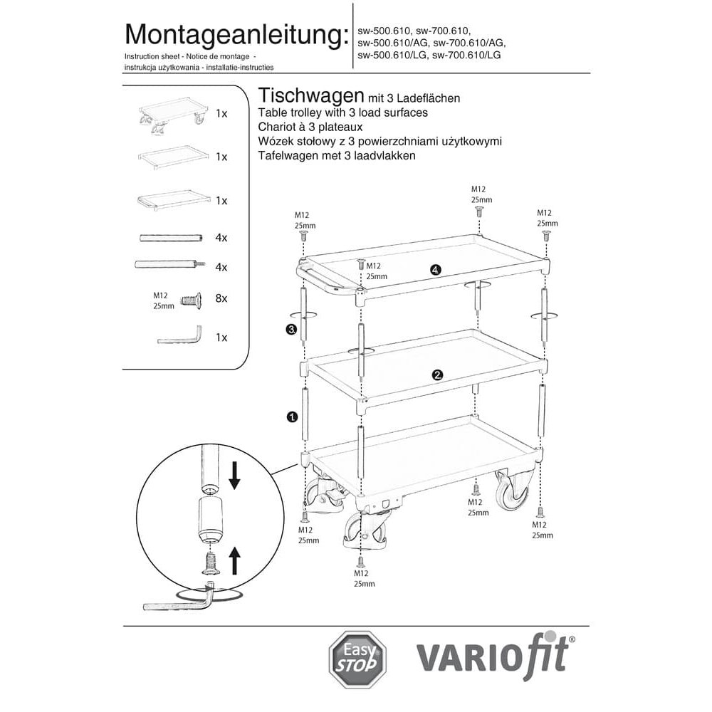 Stolík s 3 poschodiami, okraj vane vysoký 40 mm + EasySTOP-1