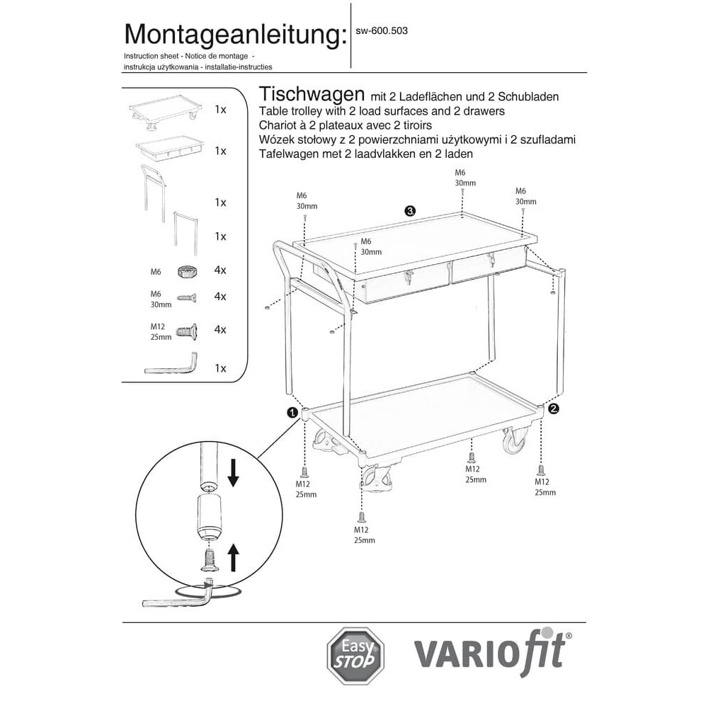 Stolový vozík 250 kg s 2 uzamykateľnými zásuvkami vysoká tlačná rukoväť + EasySTOP-0