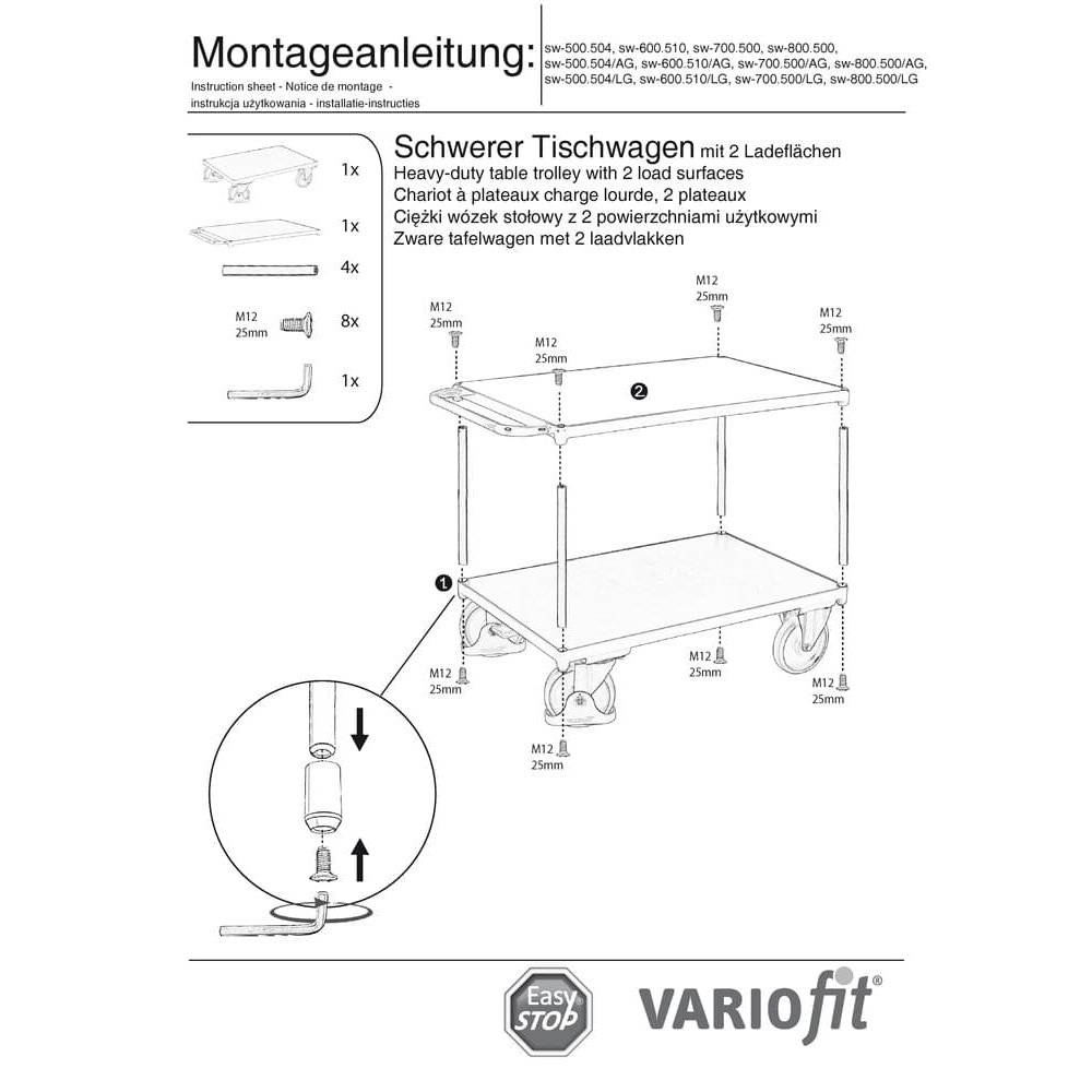 Ťažký stolový vozík 500 kg s 2 nakladacími plochami Typ M + EasySTOP-0