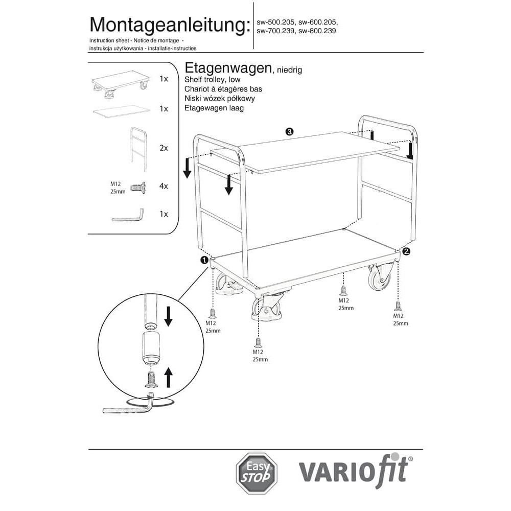 Plošinový vozík s 2 policami 250 kg nosnosť Typ L + EasySTOP-1