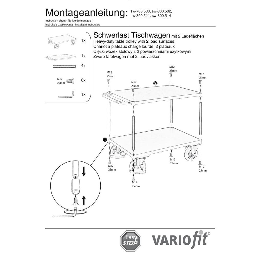 Ťažký stolový vozík 1000 kg s 2 nakladacími plochami Typ S + EasySTOP-0