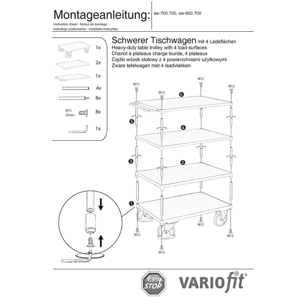 Ťažký stolový vozík 500 kg so 4 nakladacími plošinami Typ M + EasySTOP-0