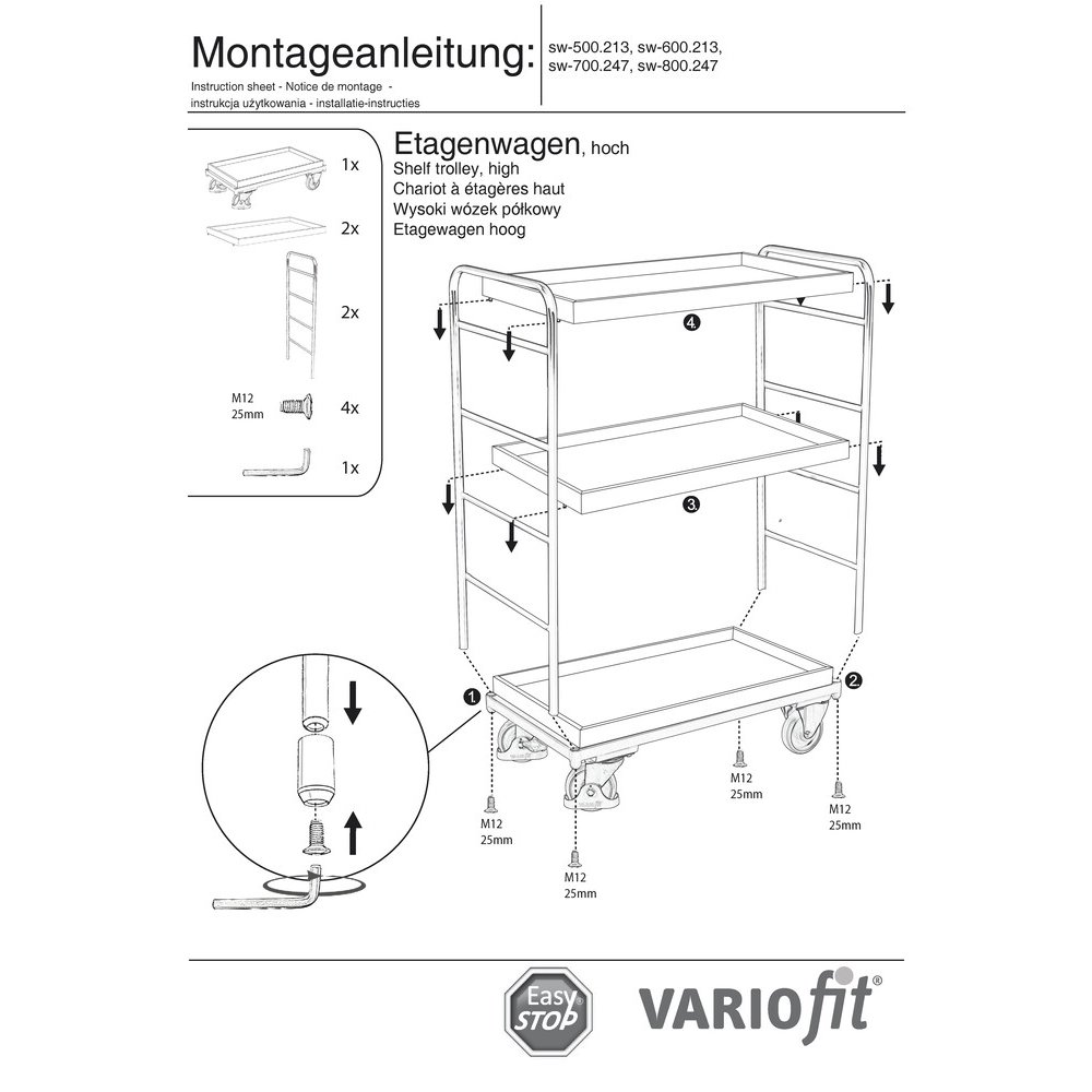 Viacúrovňový vozík vysoký 3 tácky 250 kg nosnosť Typ XL + EasySTOP-1