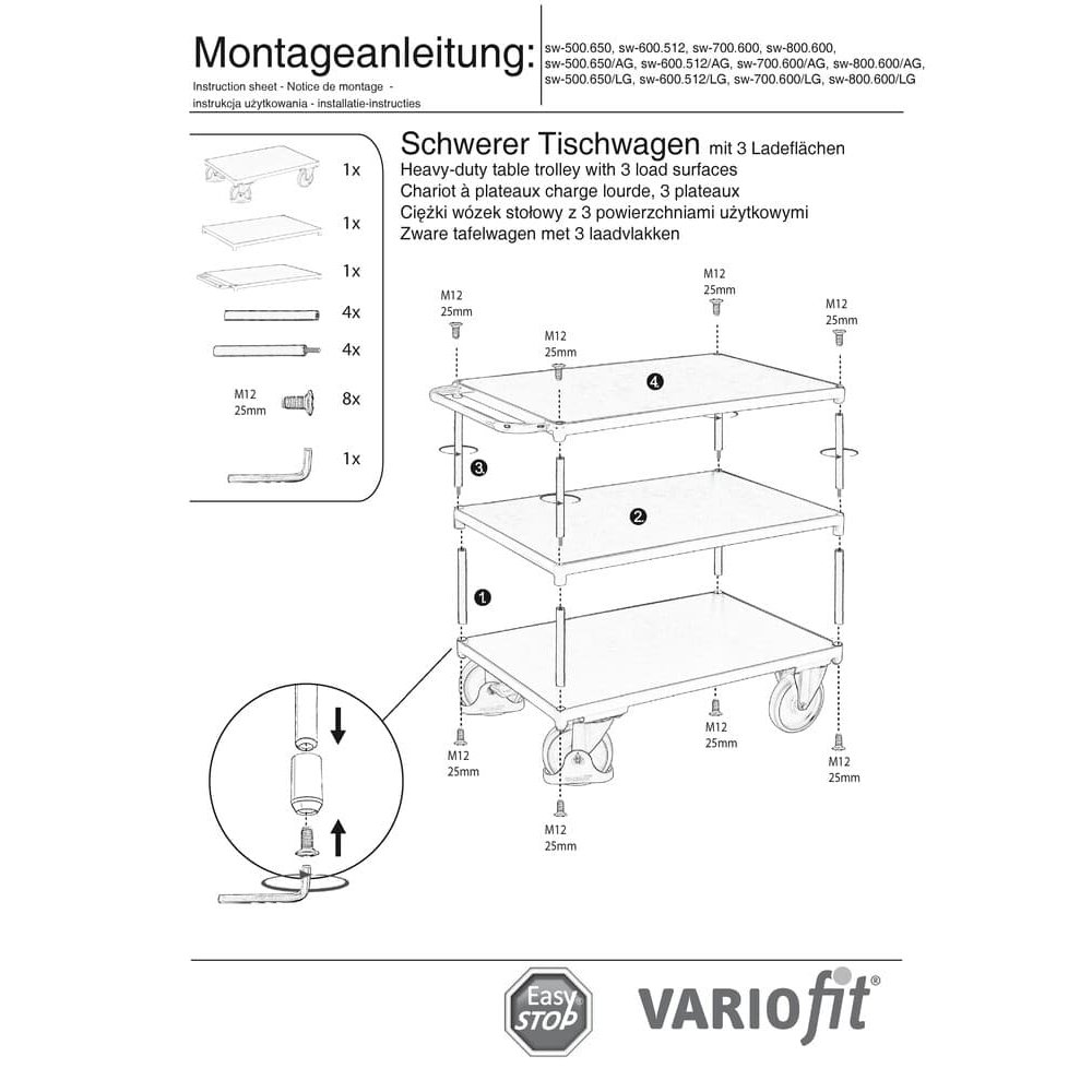 Ťažký stolový vozík 400 kg s 3 nakladacími plochami Typ S + EasySTOP-0