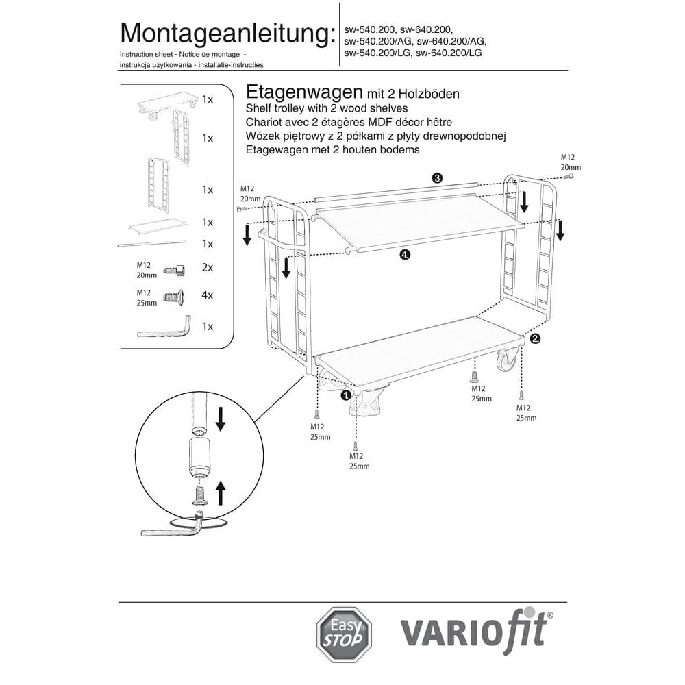 Policový vozík s 2 policami 250 kg nosnosť Typ M + EasySTOP-0