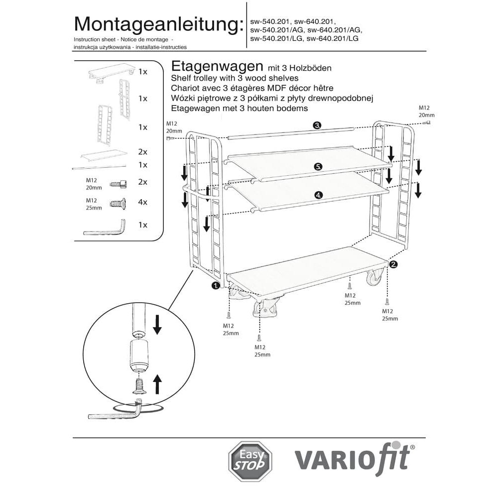 Regálový vozík s 3 policami 250 kg Typ M + EasySTOP-0