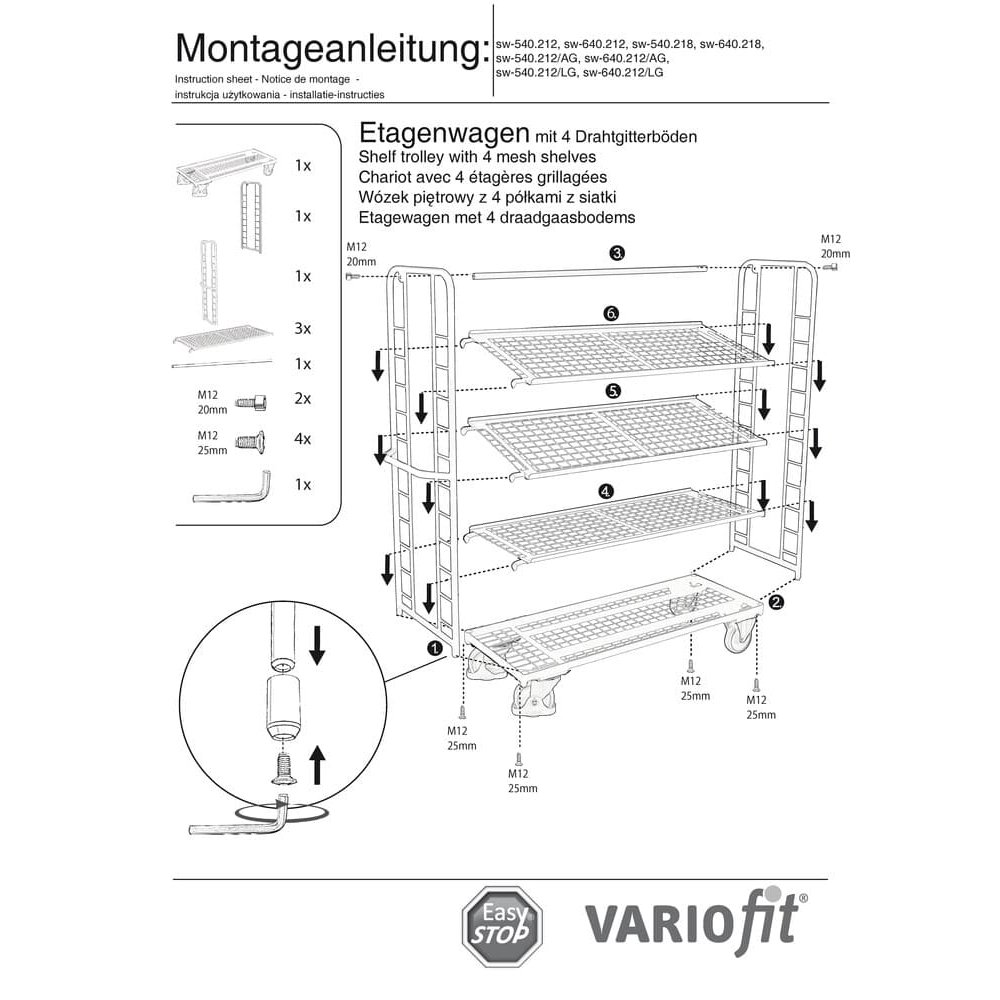 Plošinový vozík s 4 drôtenými policami s práškovým náterom 250 kg Typ M + EasySTOP-1