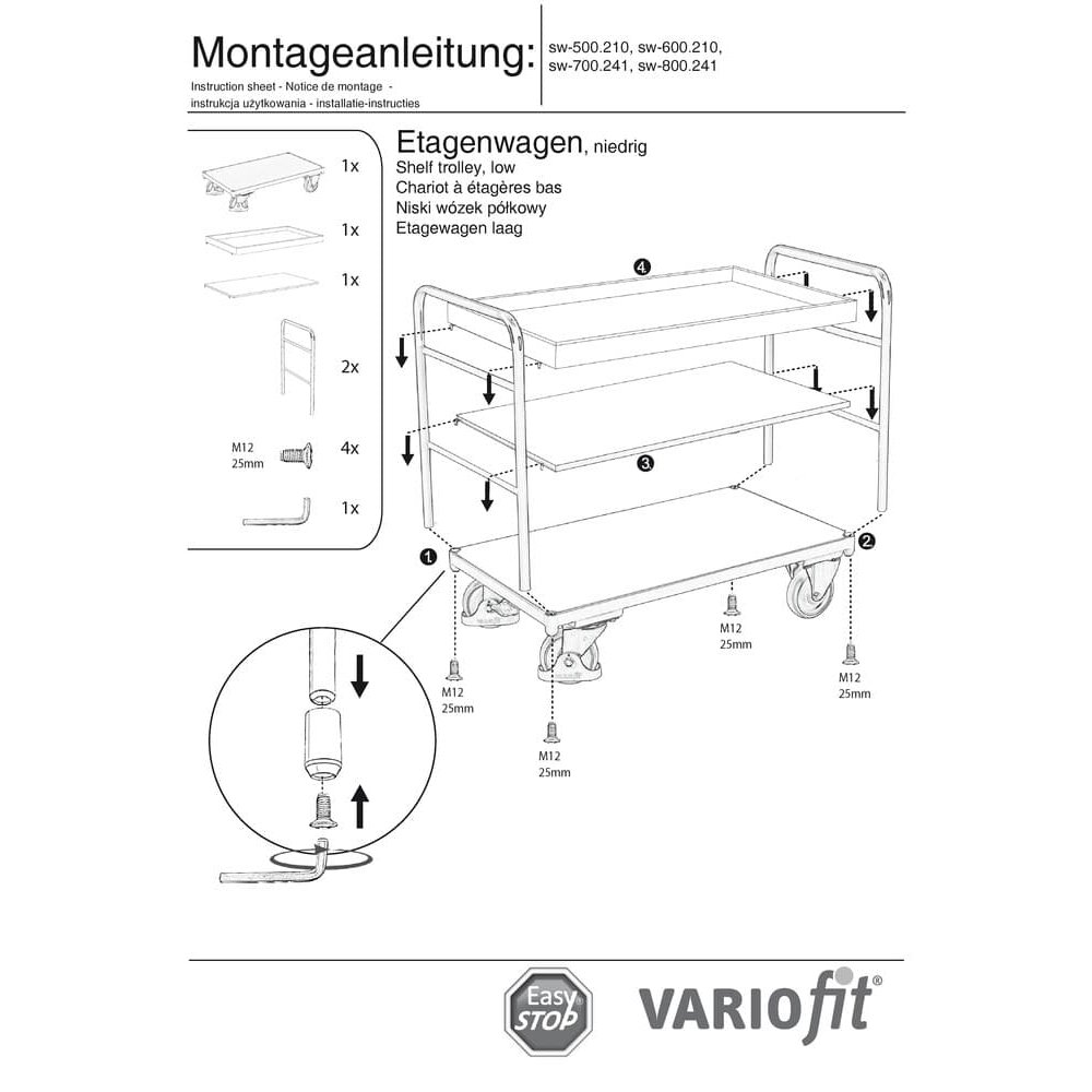 Policový vozík s 1 táckou a 2 policami 250 kg Typ M + EasySTOP-1