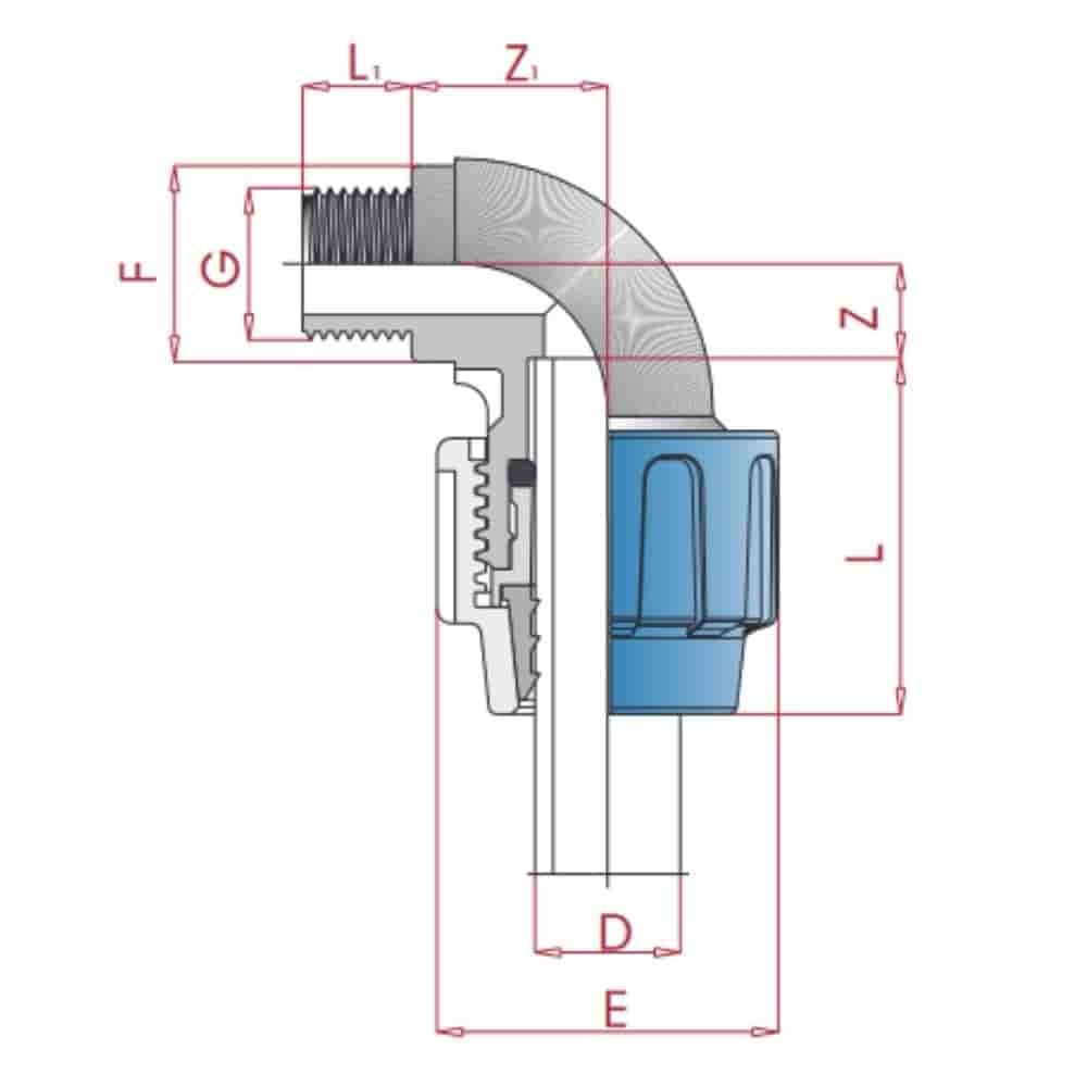 PP PE Rúrková spojka 90° uhol 32 x 3/4" AG-0