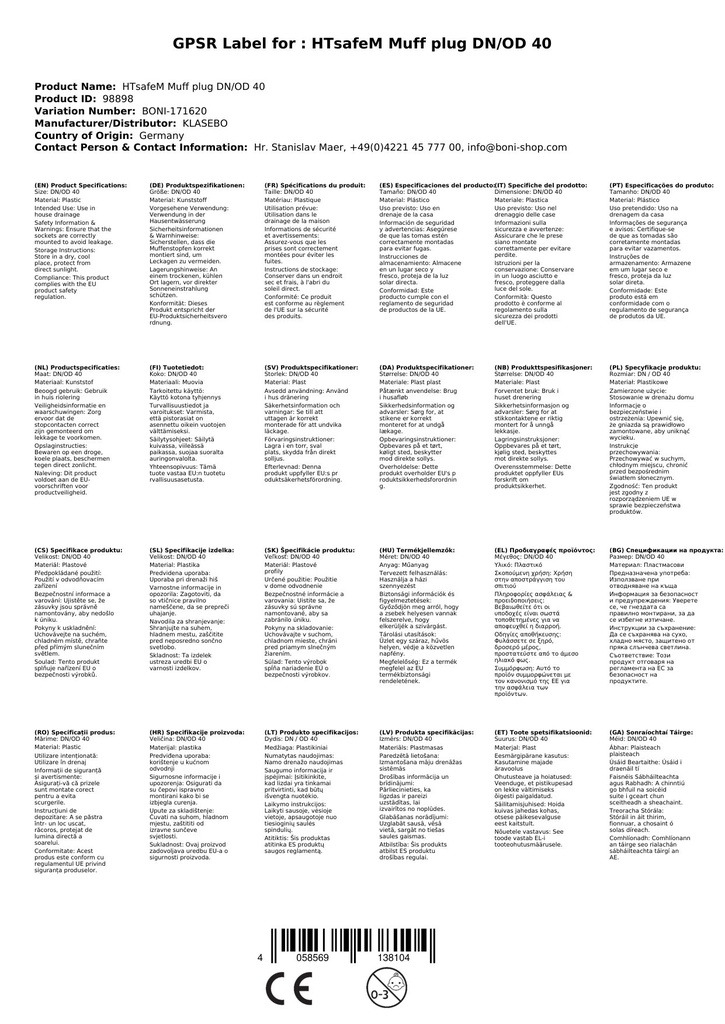 HTsafeM Zátka na hrdlo DN/OD 40-2