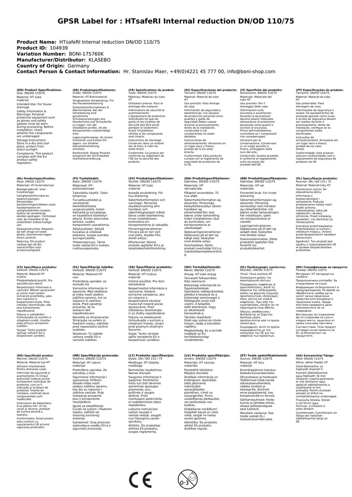 HTsafeRI vnútorná redukcia DN/OD 110/75-2