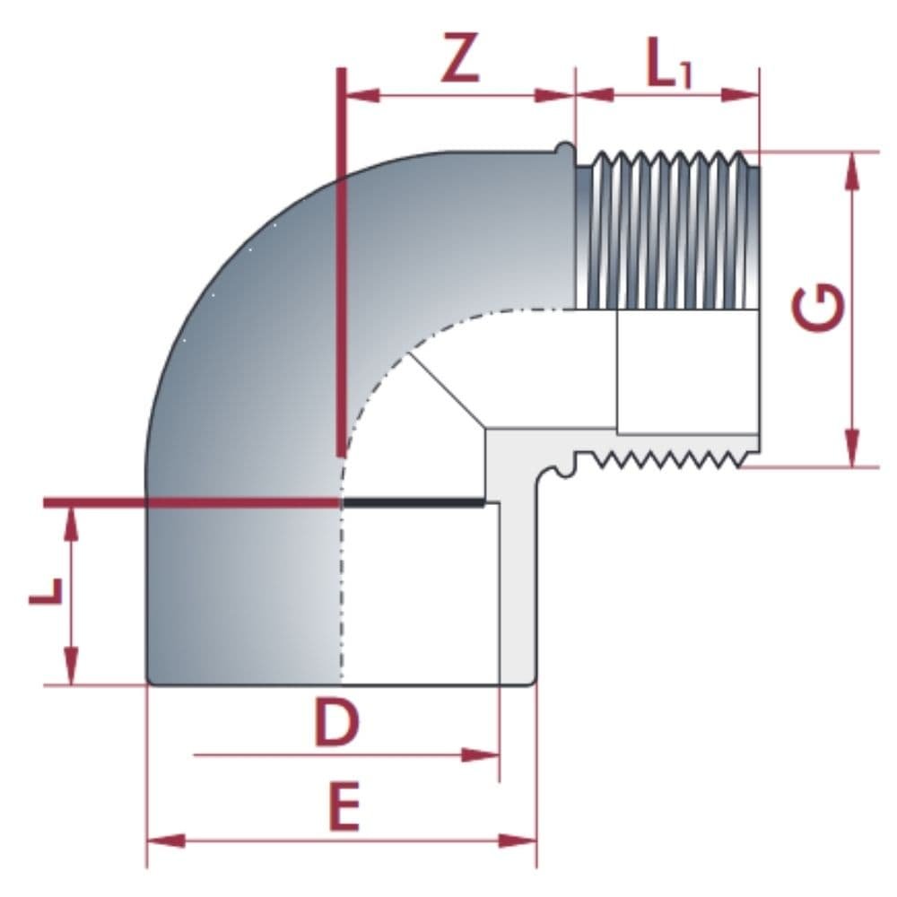 PVC-U 90° koleno zásuvka x AG 50 mm x 1 1/2" PN10-0