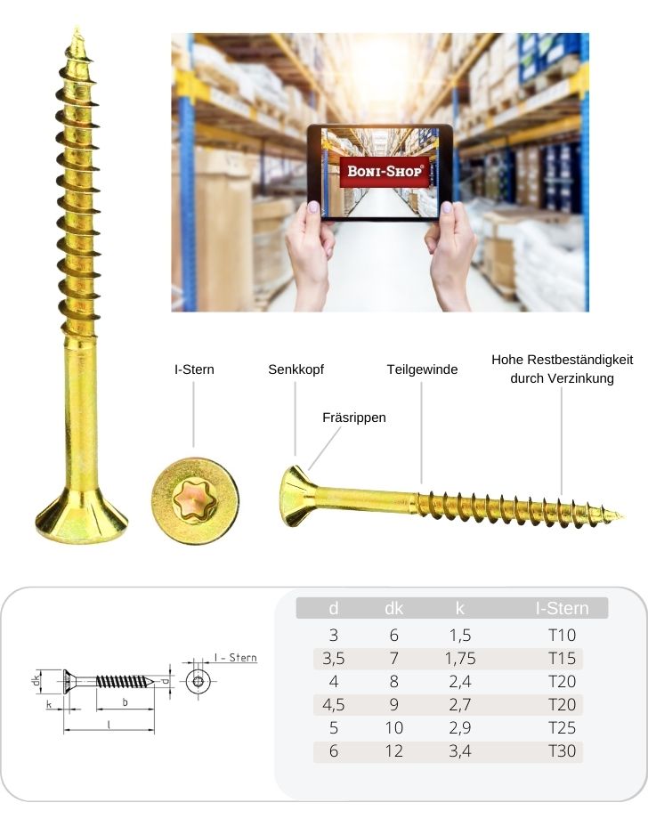 Drevotrieskové skrutky 6,0 x 200 mm 100 kusov s I-hviezdou, zapustenou hlavou, čiastočným závitom a frézovacími rebrami pod hlavou-2